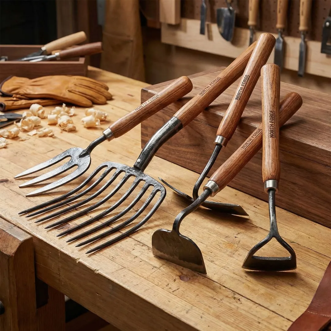 Close-up of professional-grade forged steel lawn and garden tools manufactured by Wolverine