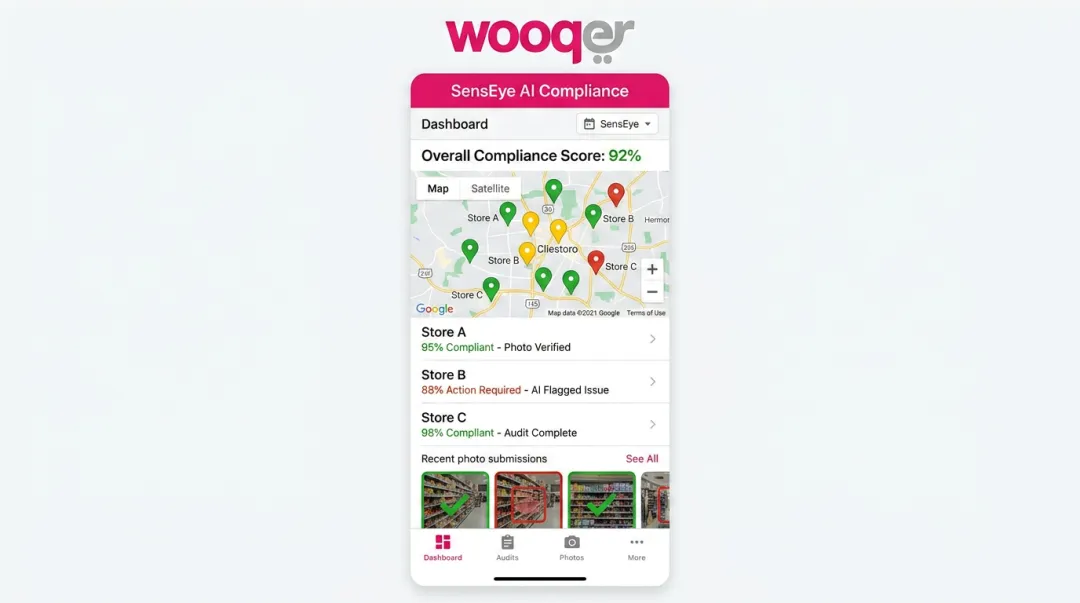 Wooqer SensEye AI visual compliance dashboard showing merchandising audit results across store locations