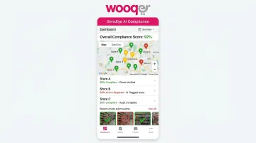 Wooqer SensEye AI visual compliance dashboard showing merchandising audit results across store locations