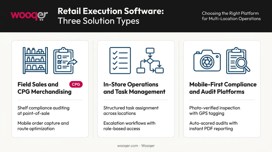 Three retail execution software solution types comparison infographic