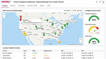 Wooqer mobile dashboard showing multi-location food safety compliance status and corrective actions