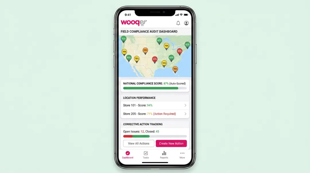 Wooqer mobile WorkApp platform showing compliance audit results across multiple retail locations
