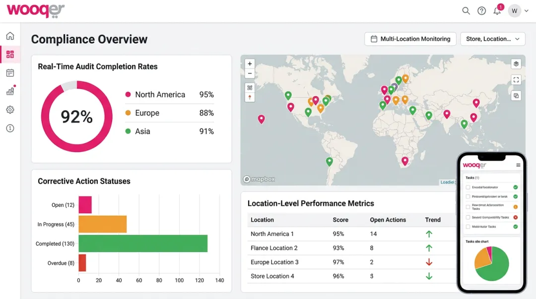 Wooqer compliance dashboard showing real-time audit results across multiple locations