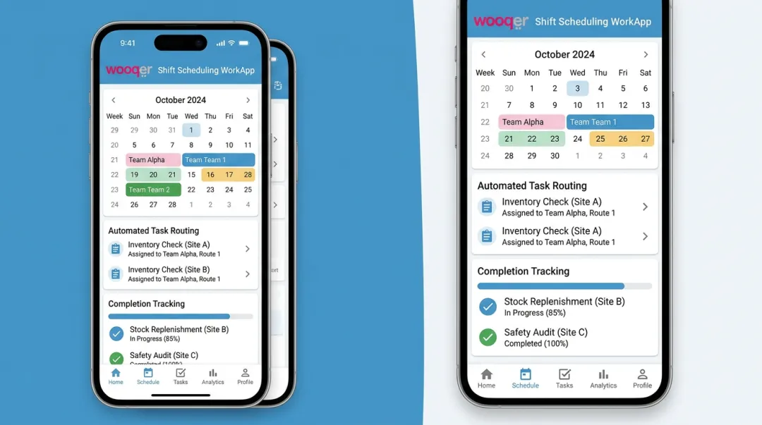 Wooqer shift scheduling WorkApp interface showing task assignment and completion rates