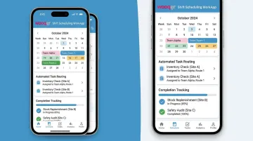 Wooqer shift scheduling WorkApp interface showing task assignment and completion rates