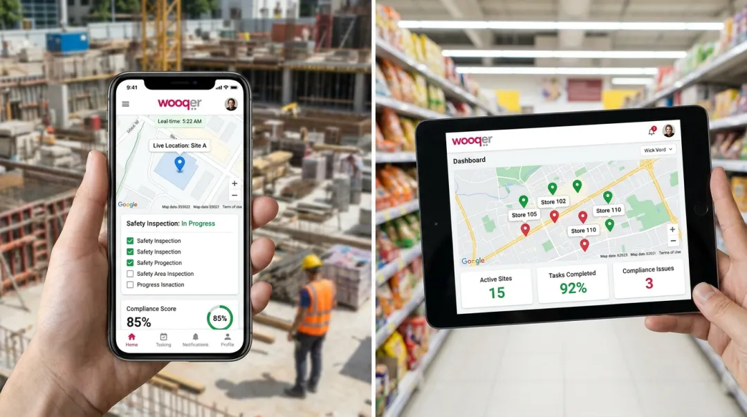 Wooqer mobile WorkApp interface showing multi-location field operations task management