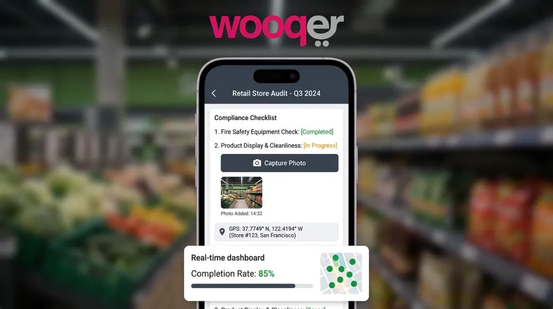 Wooqer mobile WorkApp displaying compliance audit checklist and GPS field tracking