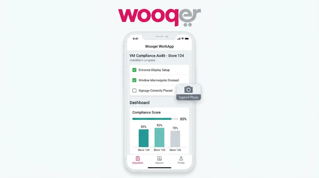 Wooqer mobile WorkApp interface displaying store checklist completion and compliance dashboard