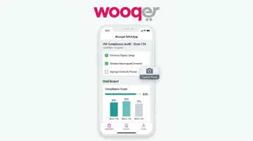 Wooqer mobile WorkApp interface displaying store checklist completion and compliance dashboard
