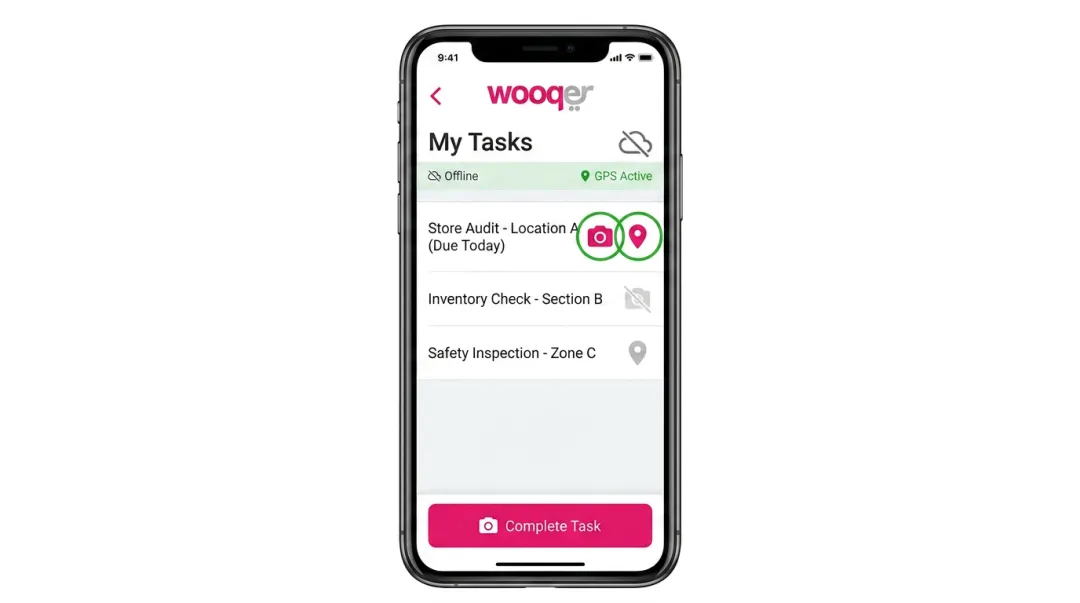 Wooqer mobile WorkApp interface showing field task checklist with photo evidence and GPS tracking