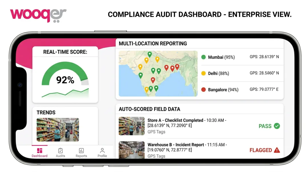 Wooqer mobile compliance audit dashboard showing real-time field operations data