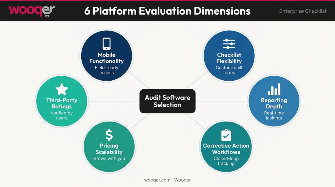 Six-dimension retail audit software evaluation framework selection guide infographic