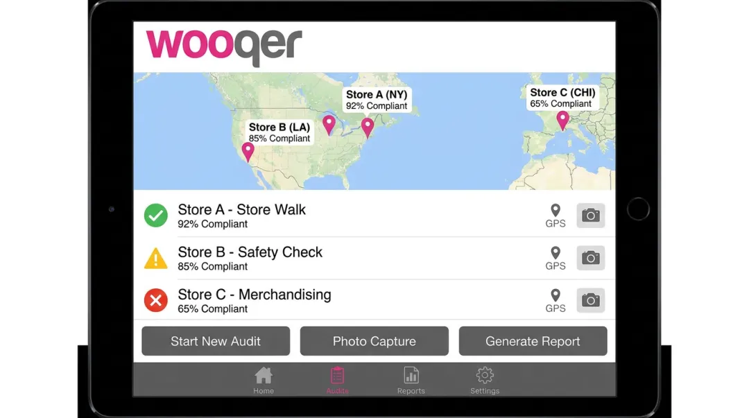 Wooqer mobile audit platform dashboard showing multi-location compliance tracking and field inspection workflow