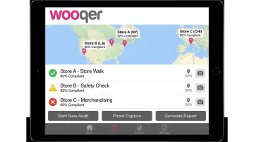 Wooqer mobile audit platform dashboard showing multi-location compliance tracking and field inspection workflow