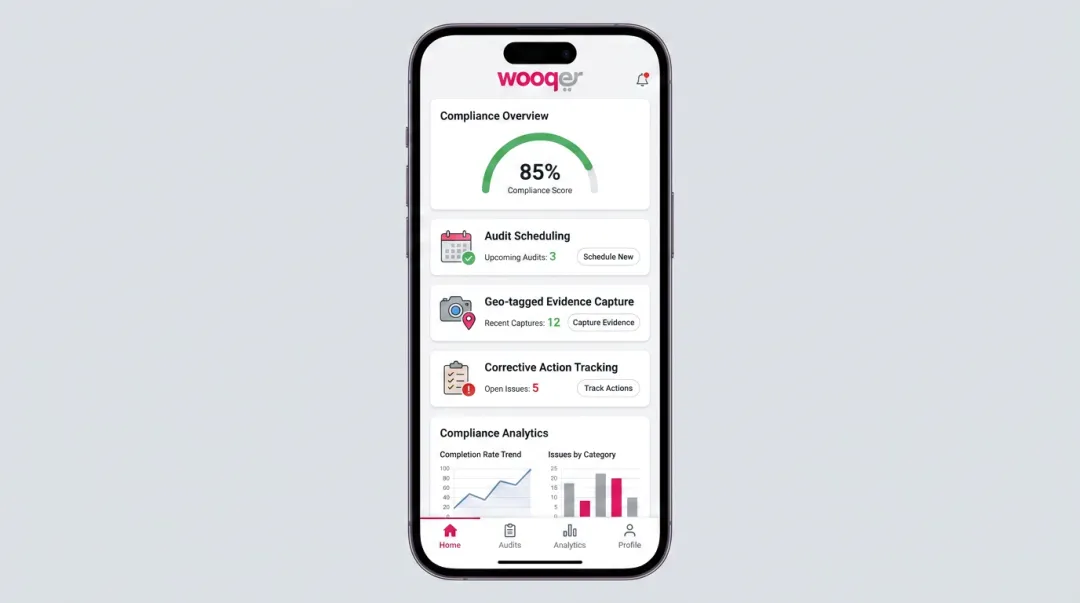Wooqer mobile compliance platform dashboard showing audit schedules and corrective action tracking