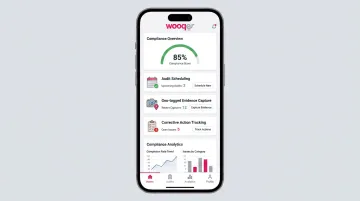 Wooqer mobile compliance platform dashboard showing audit schedules and corrective action tracking