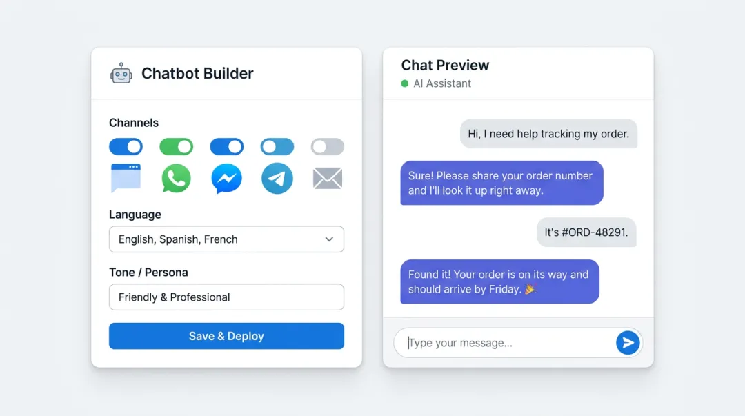 AI chatbot builder interface showing multi-language deployment across web WhatsApp and Slack