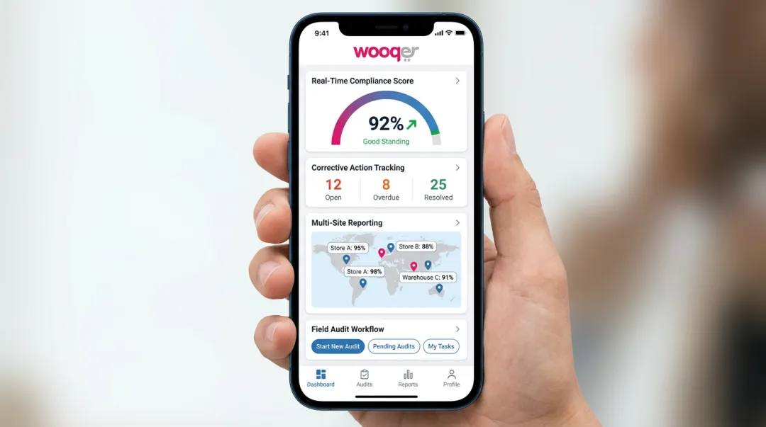 Wooqer mobile audit dashboard showing real-time compliance data and corrective actions