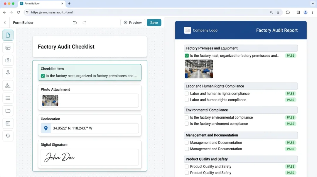 GoAudits inspection platform checklist builder interface with audit reporting dashboard