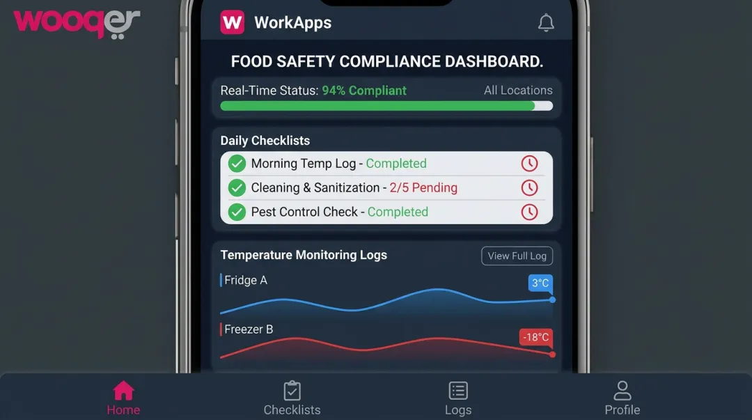 Wooqer food safety WorkApp dashboard showing compliance checklists and audit results