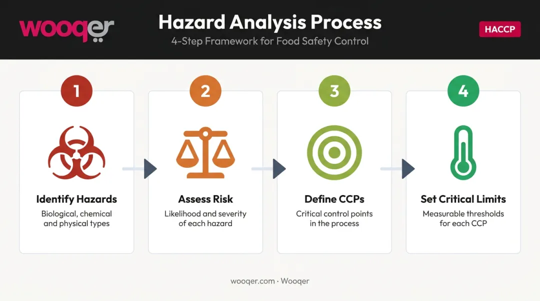 4-step HACCP hazard analysis process from identification to critical limits