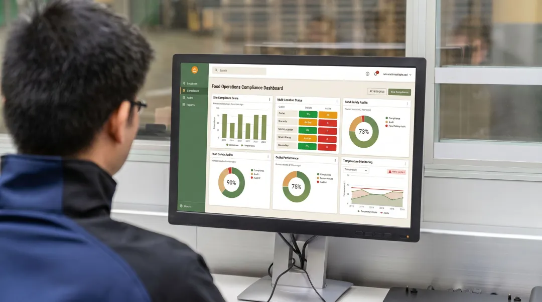 Multi-location food chain manager reviewing centralized compliance dashboard across all sites