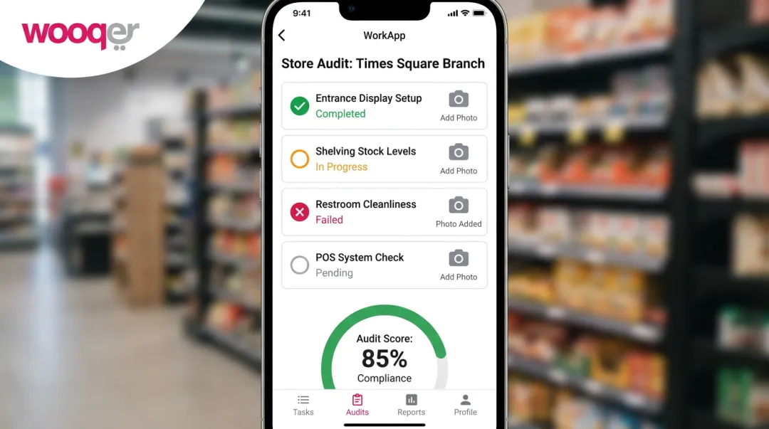 Retail store audit digital checklist interface with photo capture and compliance scoring