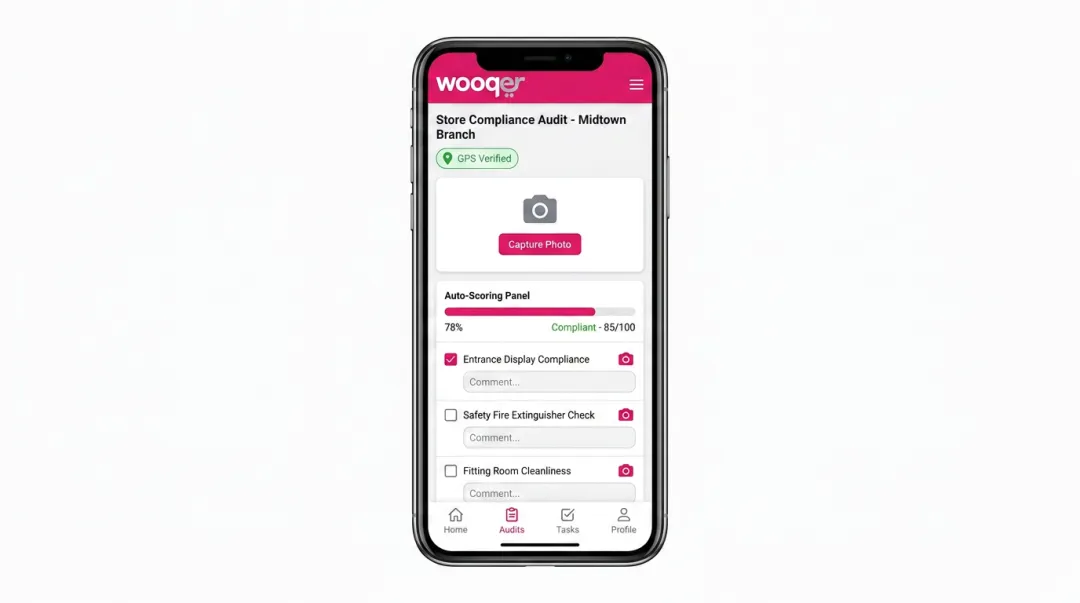 Wooqer mobile WorkApp interface showing store compliance audit with photo evidence and GPS verification