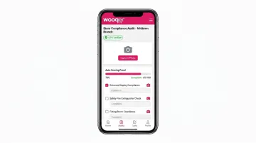 Wooqer mobile WorkApp interface showing store compliance audit with photo evidence and GPS verification