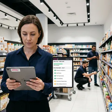 Retail manager using a mobile operations app in store