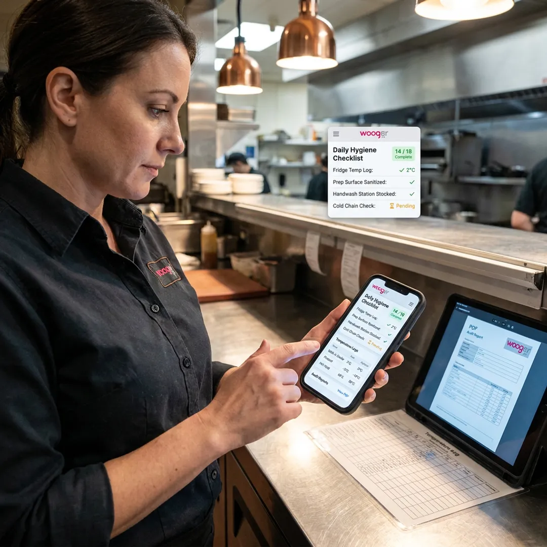 Restaurant manager reviewing compliance dashboard