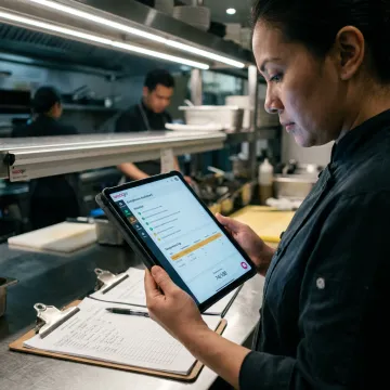 Restaurant manager reviewing compliance software
