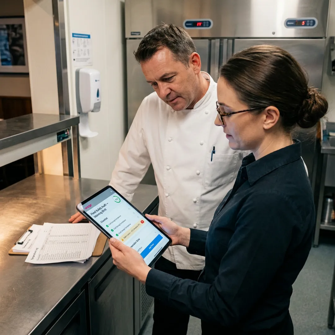 Restaurant manager reviewing digital food safety checklist