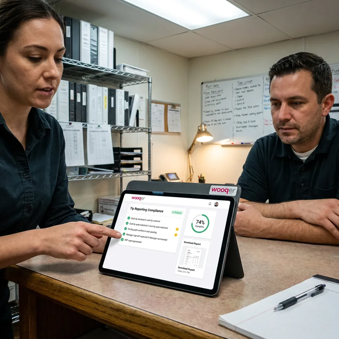 Restaurant team reviewing tip reporting compliance dashboard
