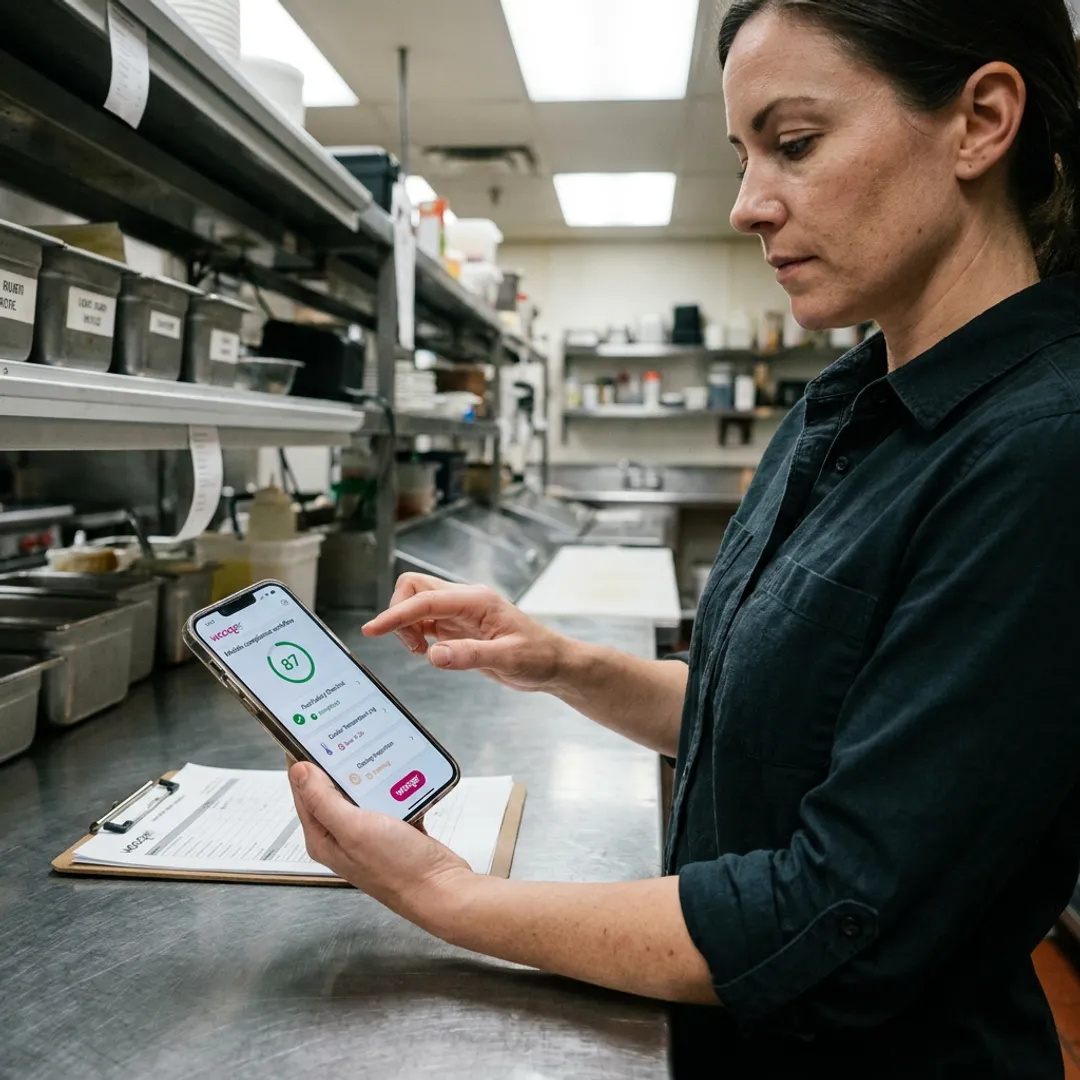 Restaurant manager reviewing compliance workflow dashboard