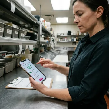 Restaurant manager reviewing compliance workflow dashboard