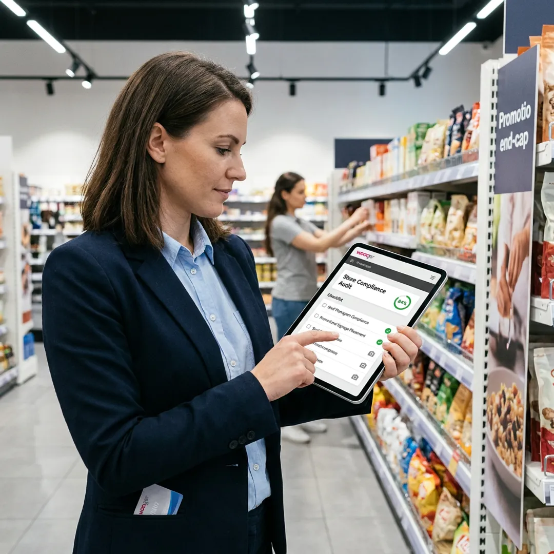 Retail manager completing a visual merchandising audit on a tablet