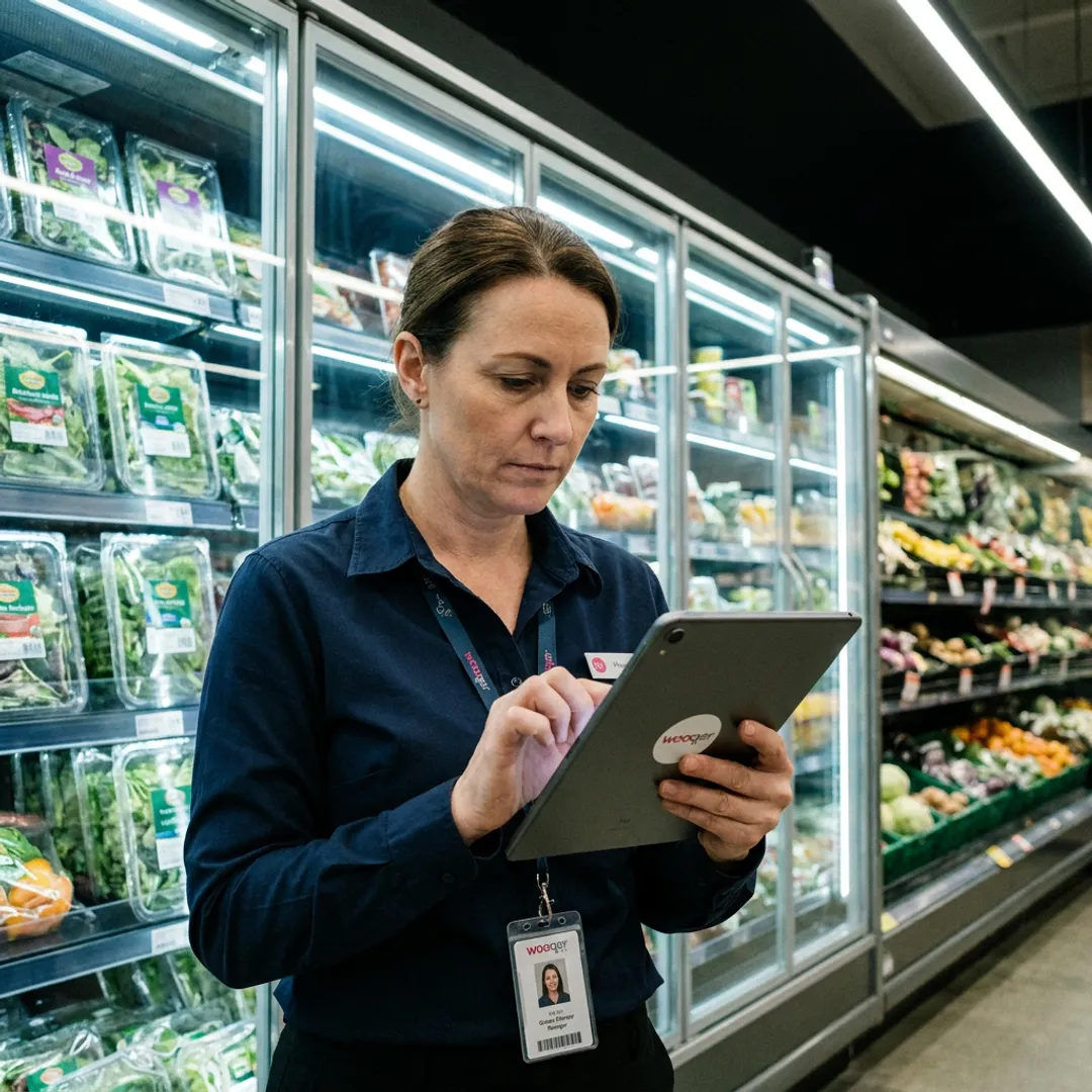 Grocery manager reviewing compliance workflow on tablet