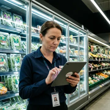 Grocery manager reviewing compliance workflow on tablet