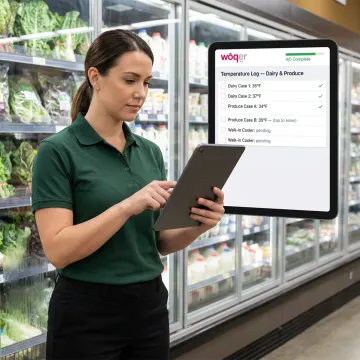 Grocery associate completing food safety checklist