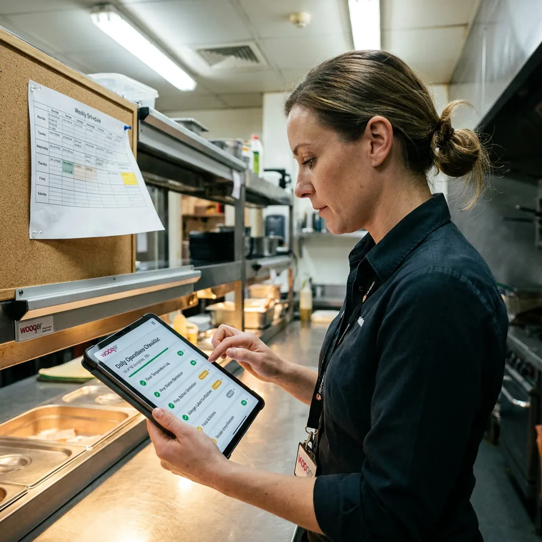 Restaurant manager reviewing mobile SOP dashboard