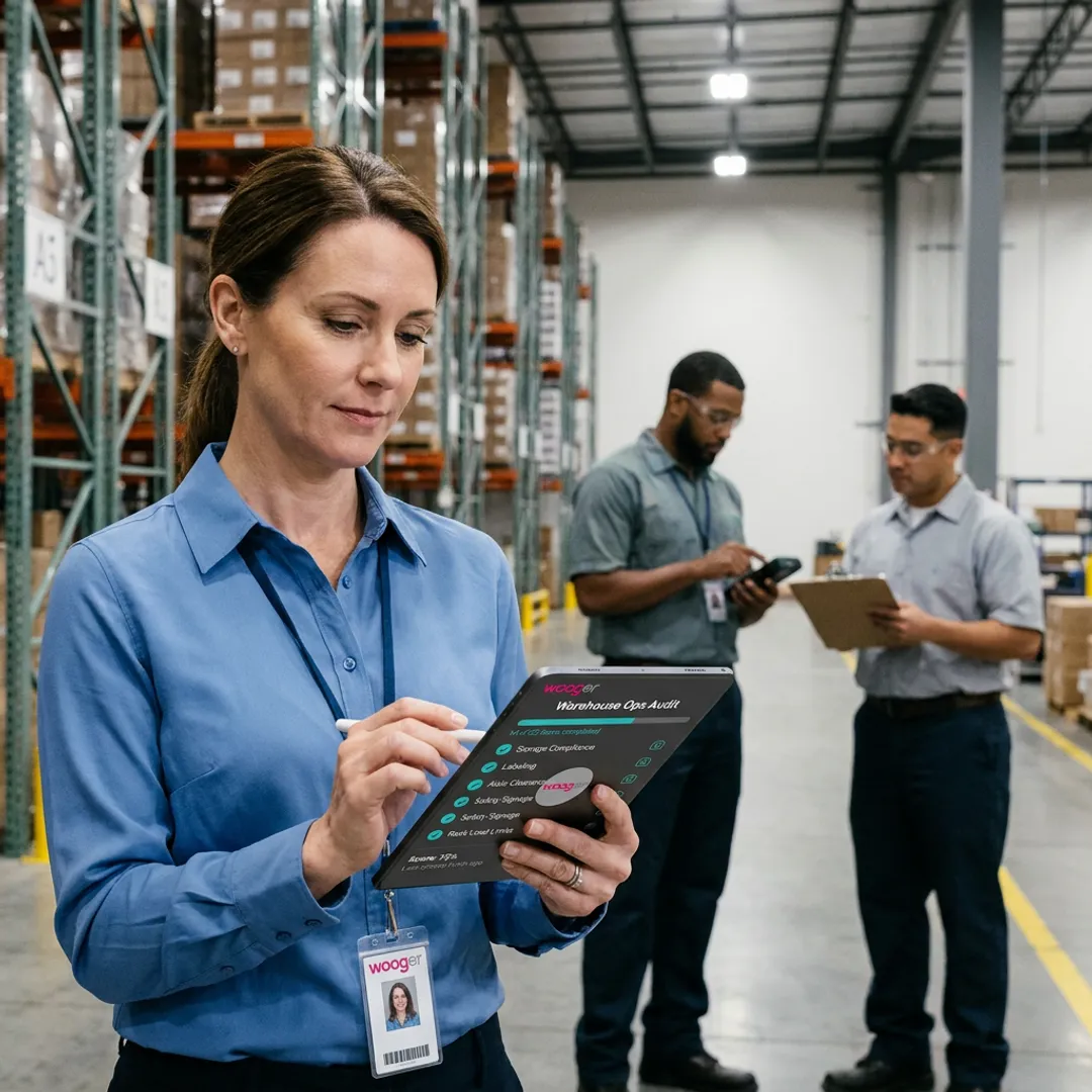 Manager reviewing warehouse audit dashboard
