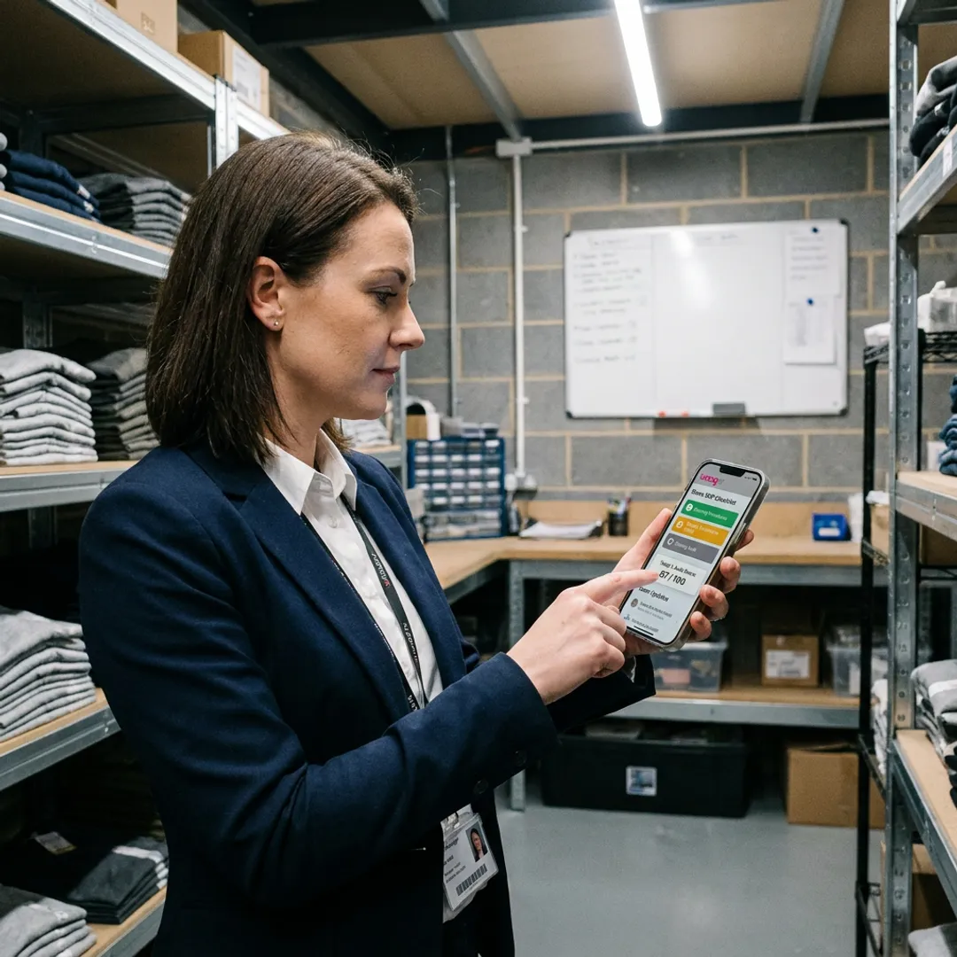 Manager reviewing mobile SOP workflow