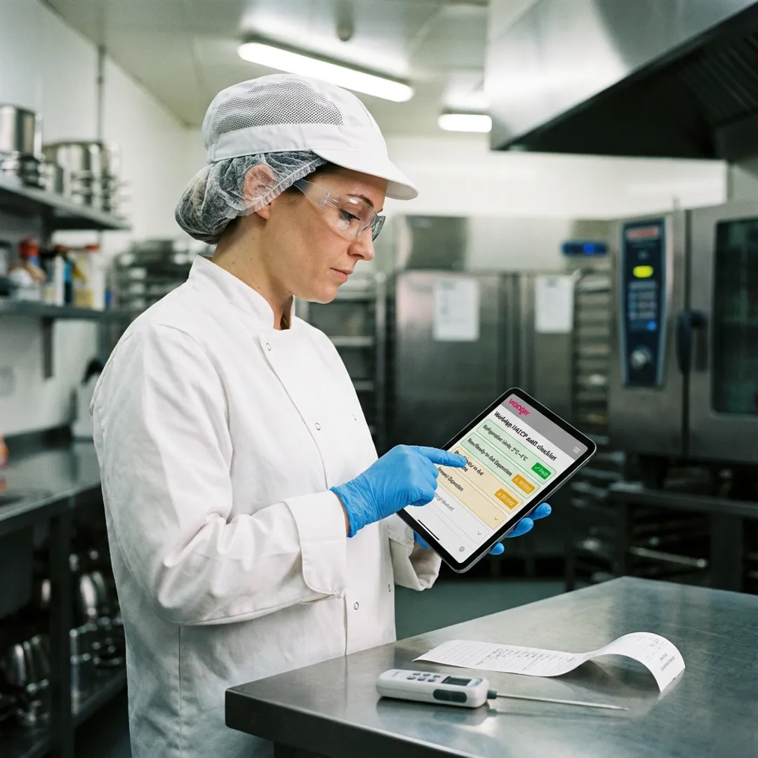 Food safety manager reviewing digital compliance checklist