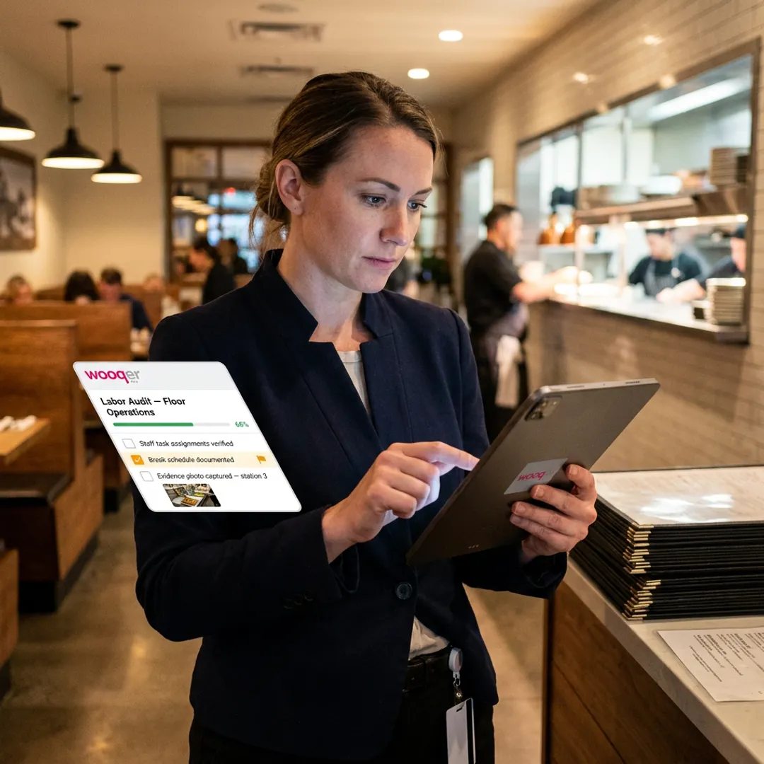 Manager reviewing restaurant audit workflow on tablet
