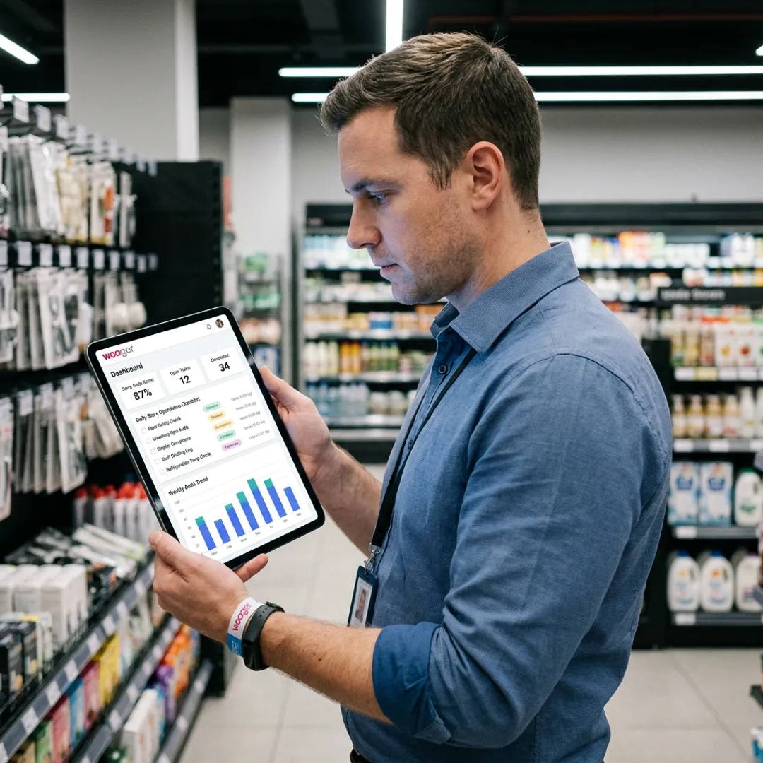 Retail manager reviewing store operations dashboard