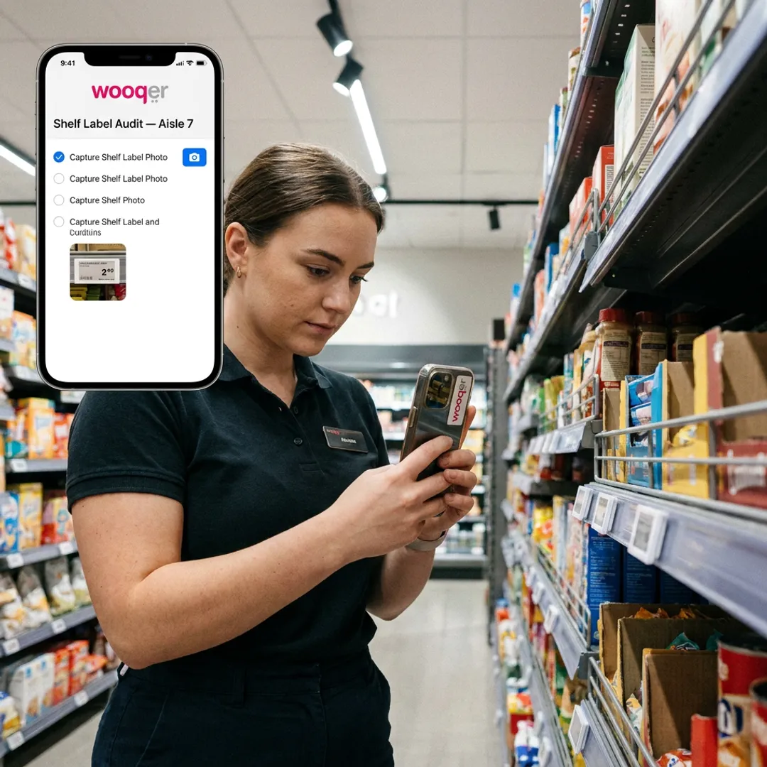 Retail associate checking shelf labels with mobile app