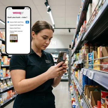 Retail associate checking shelf labels with mobile app