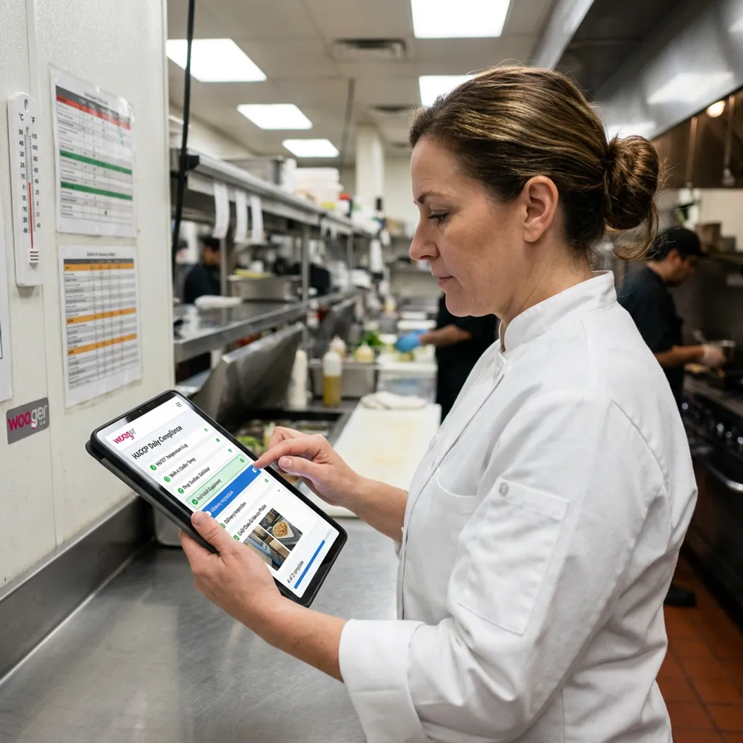 Kitchen manager reviewing digital compliance checklist
