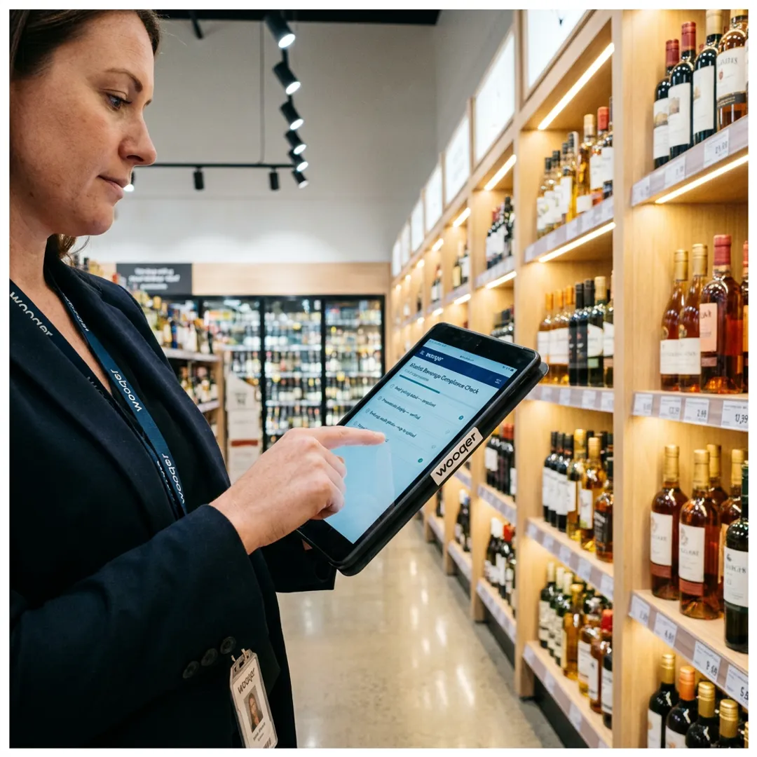 Retail manager reviewing beverage store audit on tablet